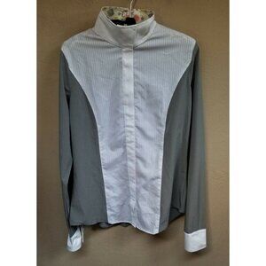 Prestige Women's Colorblock Gray White Button Up Long Sleeve Flip Cuff Shirt Top